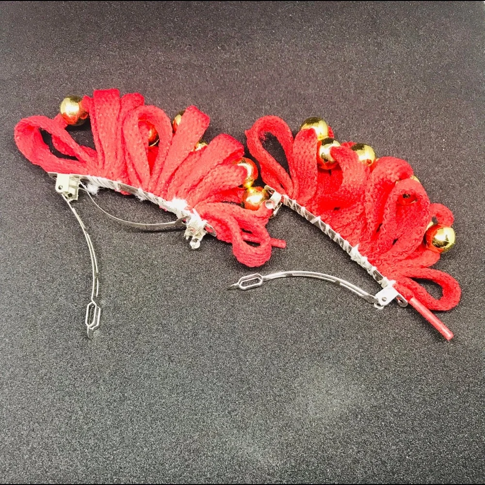 Red Vintage Handmade ShoeString ShoeLace Bow Clips kidcore rare handmade